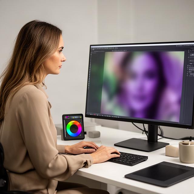 Editora de fotografía revisando una imagen de retrato en una pantalla de gran formato